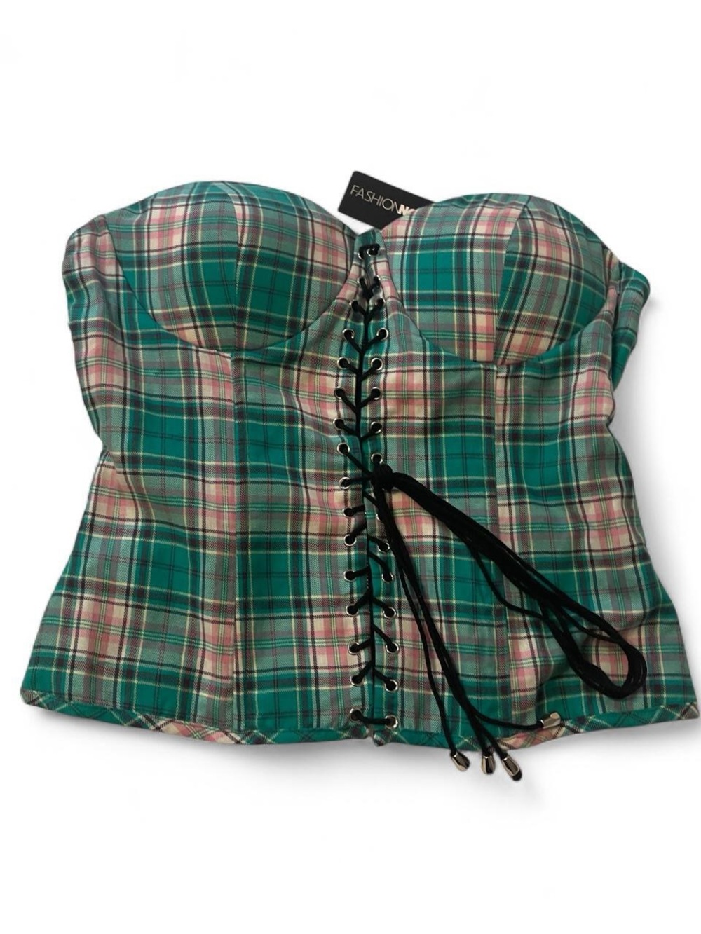 Fashion Nova Teal Plaid Lace-Up Bustier Camisole